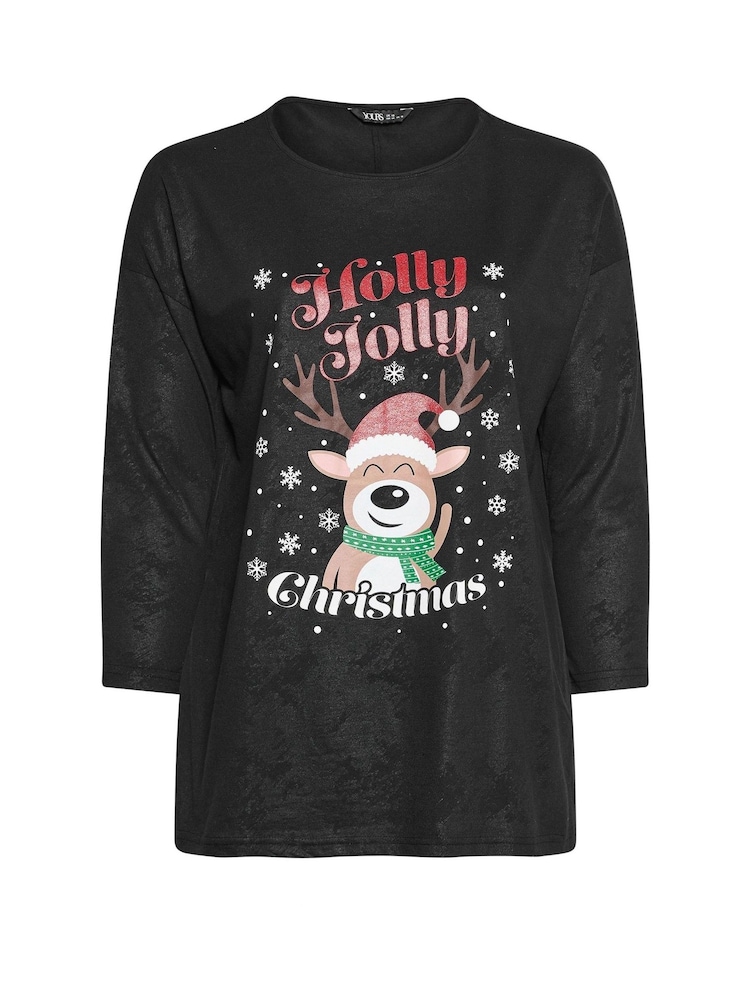 Yours Curve Black Christmas Holly Jolly T-Shirt - Image 5 of 5