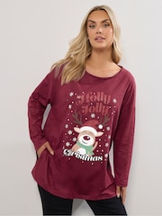 Yours Curve Red Christmas Holly Jolly Top - Image 1 of 5