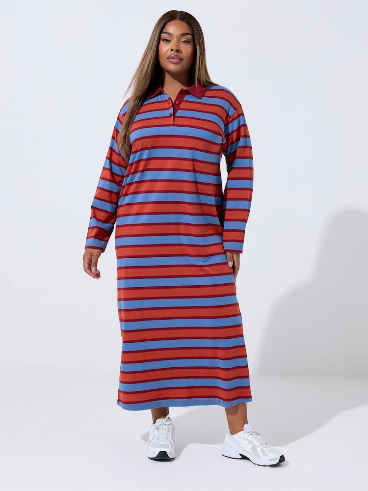 Yours Curve Red Limited Stripe Collar Long Sleeve Dress - Image 1 of 5