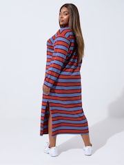 Yours Curve Red Limited Stripe Collar Long Sleeve Dress - Image 3 of 5