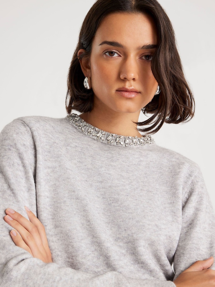River Island Grey Crew Neck Embellished Trim Jumper - Image 1 of 4