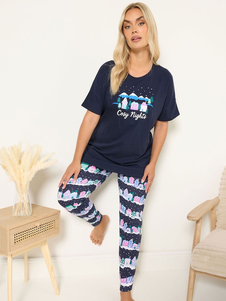 Yours Curve Blue Cosy Nights Short Sleeve Cuffed Pyjamas Set - Image 1 of 6 Yours Curve Blue Cosy Nights Short Sleeve Cuffed Pyjamas Set - Image 1 of 6