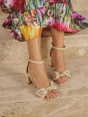 Lipsy Natural Raffia Broderie Detail Bow Block Heeled Sandals - Image 1 of 4