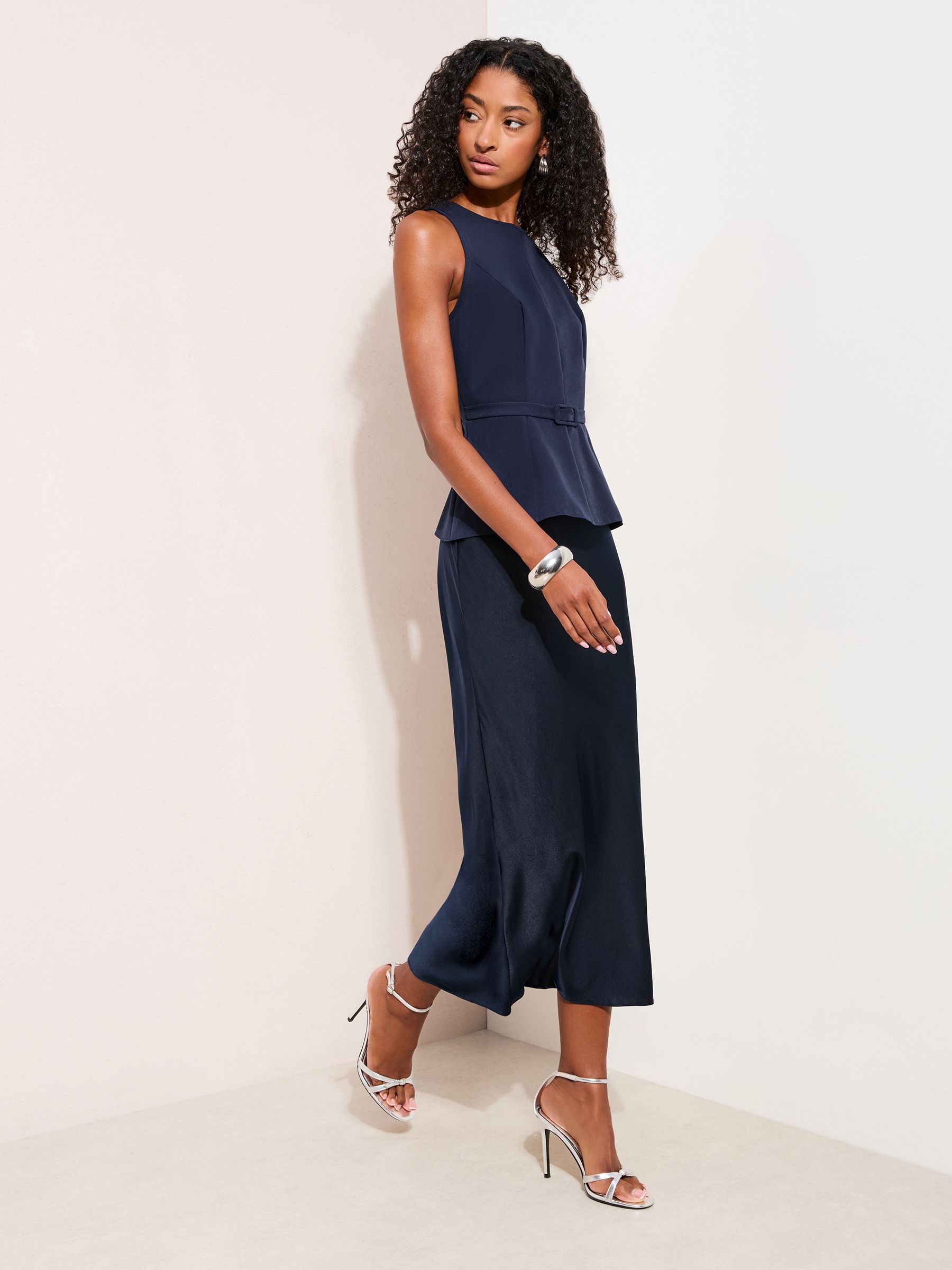 Friends Like These Navy 2-In-1 Belted Peplum Satin Midi Dress