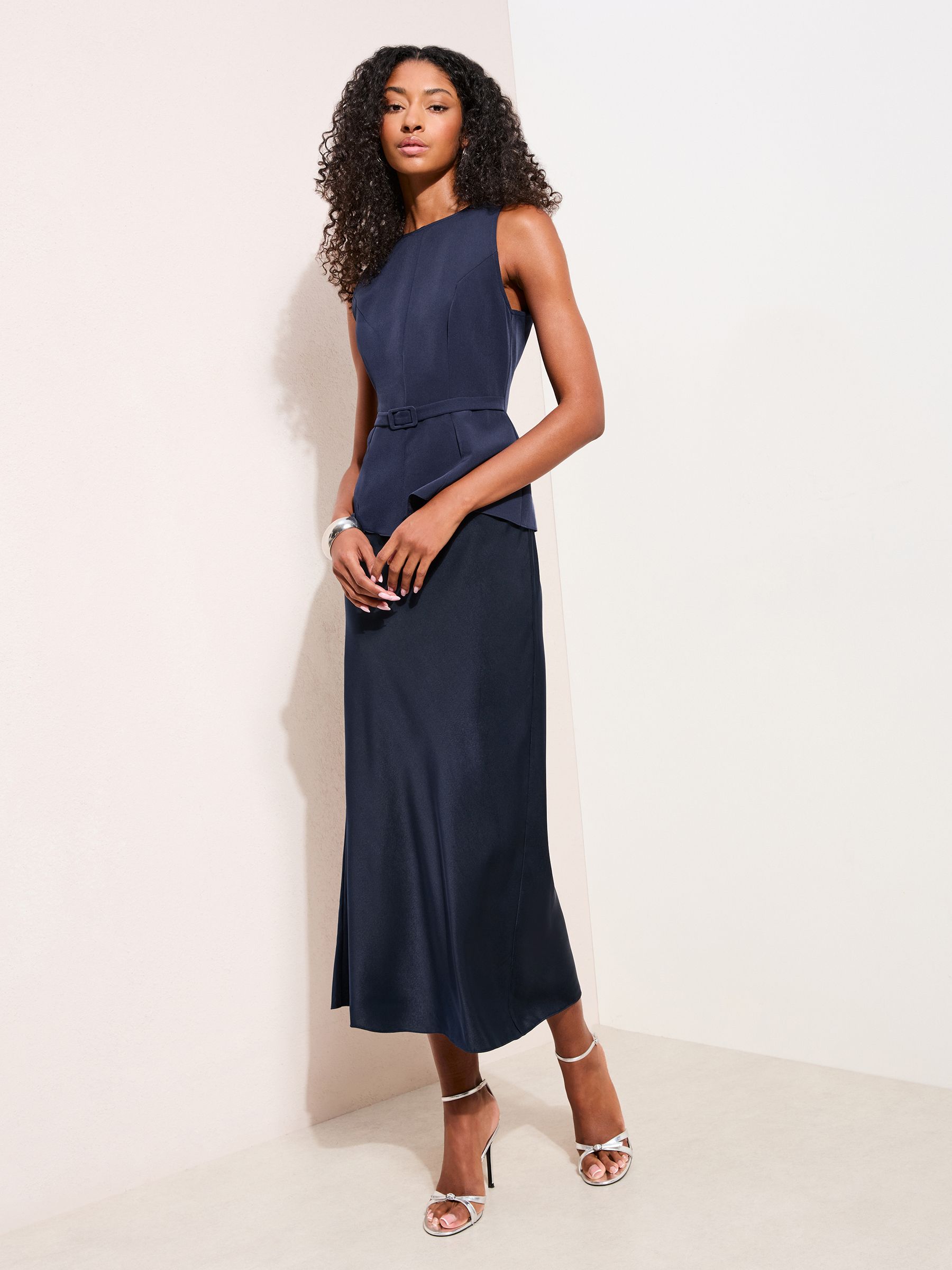 Buy Friends Like These Navy Blue 2-In-1 Belted Peplum Satin Midi