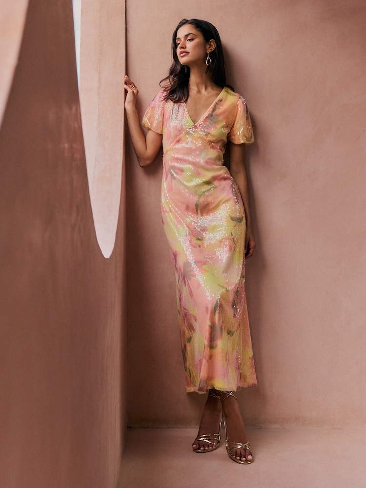 Friends Like These Pink Floral All-Over Sequin Puff Sleeve Midi Dress - Image 1 of 5 Friends Like These Pink Floral All-Over Sequin Puff Sleeve Midi Dress - Image 1 of 5