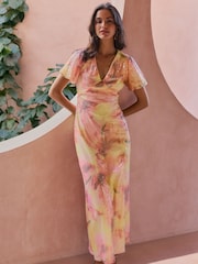 Friends Like These Pink Floral All-Over Sequin Puff Sleeve Midi Dress - Image 3 of 5