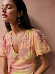 Friends Like These Pink Floral All-Over Sequin Puff Sleeve Midi Dress - Image 4 of 5