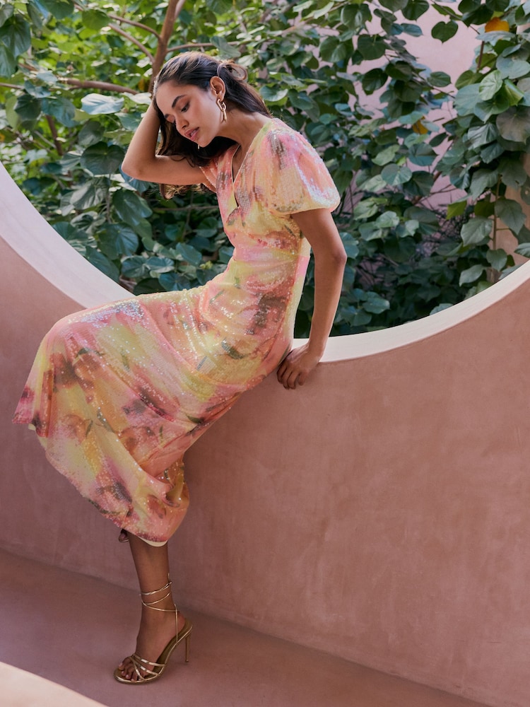 Friends Like These Pink Floral All-Over Sequin Puff Sleeve Midi Dress - Image 5 of 5 Friends Like These Pink Floral All-Over Sequin Puff Sleeve Midi Dress - Image 5 of 5