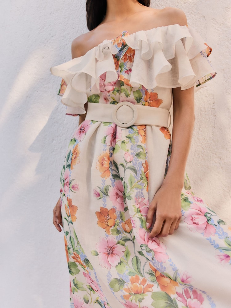 Friends Like These Ivory Petite Ruffle Bardot Belted Midi Dress - Image 2 of 4