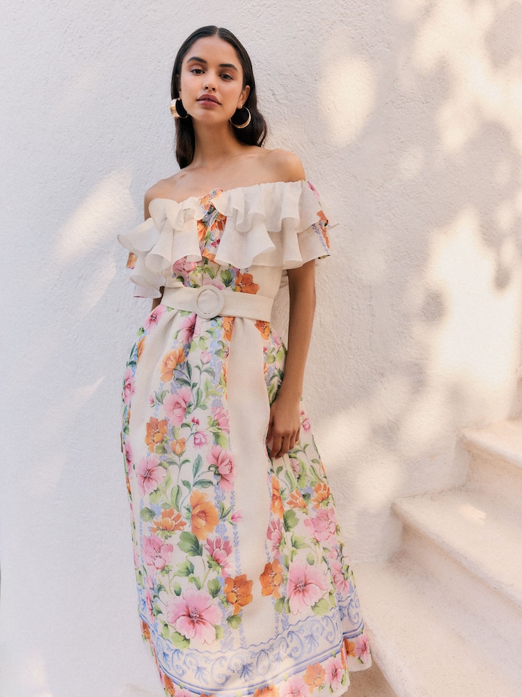 Friends Like These Ivory Petite Ruffle Bardot Belted Midi Dress - Image 4 of 4