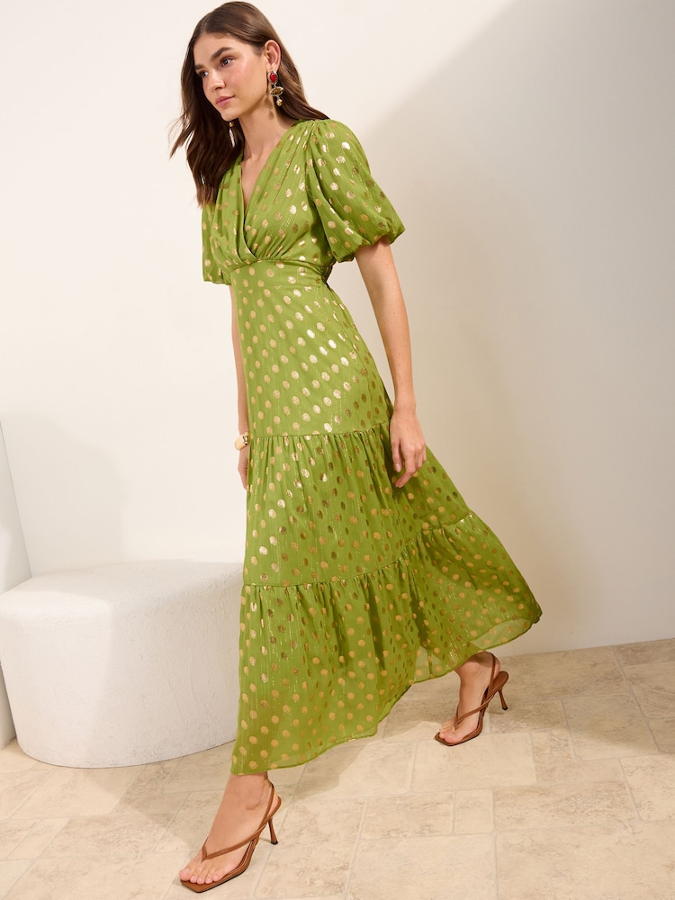 Friends Like These Olive Green Polka Dot Metallic Short Sleeve Midi Dress - Image 1 of 4