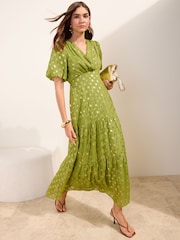 Friends Like These Olive Green Polka Dot Metallic Short Sleeve Midi Dress - Image 3 of 4