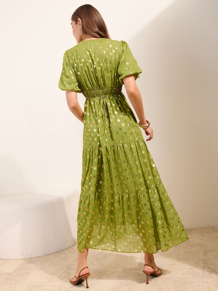 Friends Like These Olive Green Polka Dot Metallic Short Sleeve Midi Dress - Image 4 of 4