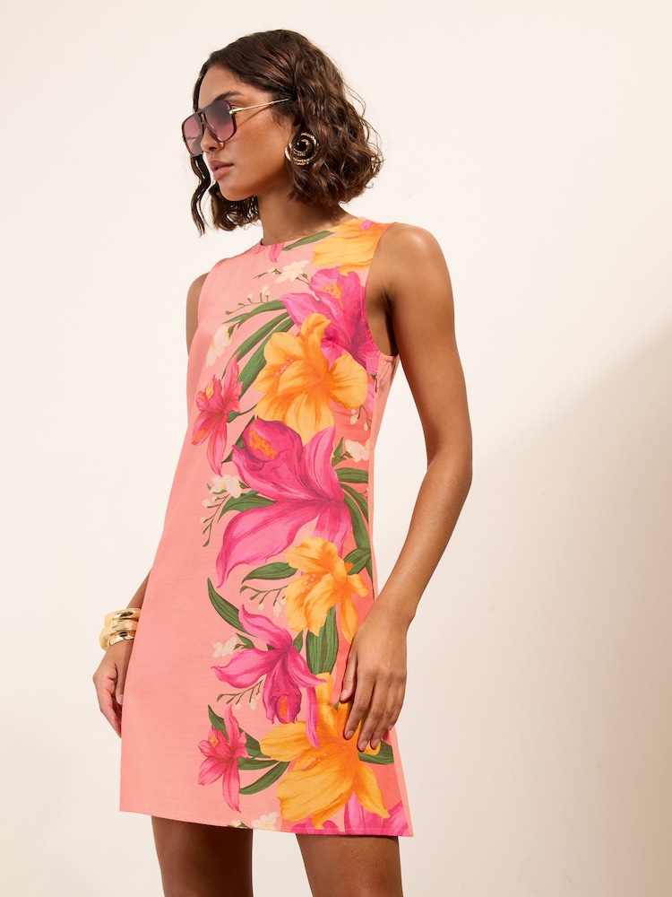 Friends Like These Coral Pink Sleeveless Linen Look Shift Mini Dress - Image 1 of 5