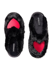 Victoria's Secret Black & Red Heart Closed Toe Faux Fur Slippers - Image 1 of 2