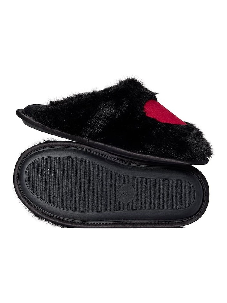 Victoria's Secret Black & Red Heart Closed Toe Faux Fur Slippers - Image 2 of 2