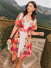 Friends Like These X Lucy Mecklenburgh Ivory/Pink Floral Petite Belted Puff Sleeve Mini Dress - Image 3 of 4