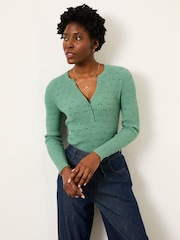 FatFace Lois Jade Green Knitted Button Front Henley - Image 1 of 6