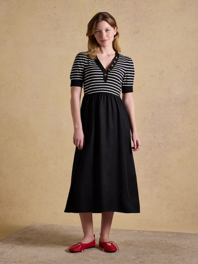 Joules Willow Black Jersey Woven Midi Dress - Image 1 of 8