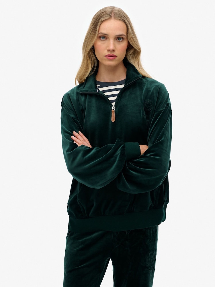 Superdry Green Country Club Velour Half Zip Sweat top - Image 1 of 7 Superdry Green Country Club Velour Half Zip Sweat top - Image 1 of 7