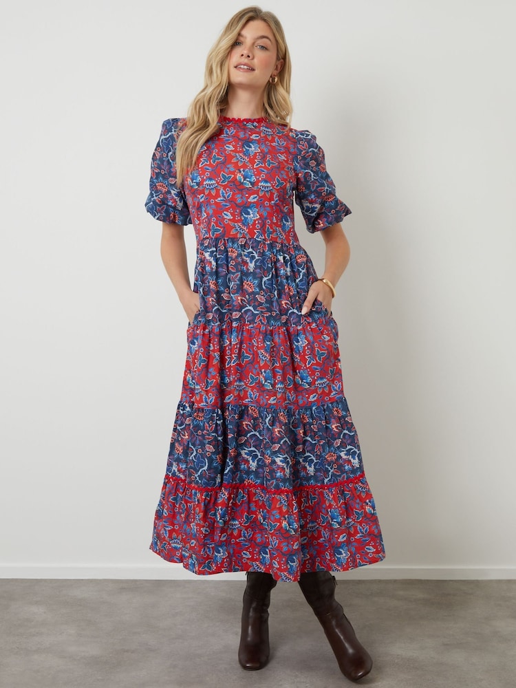 Another Sunday Red Poplin Short Puff Sleeve Tiered Smock Midi Dress - Image 1 of 5 Another Sunday Red Poplin Short Puff Sleeve Tiered Smock Midi Dress - Image 1 of 5