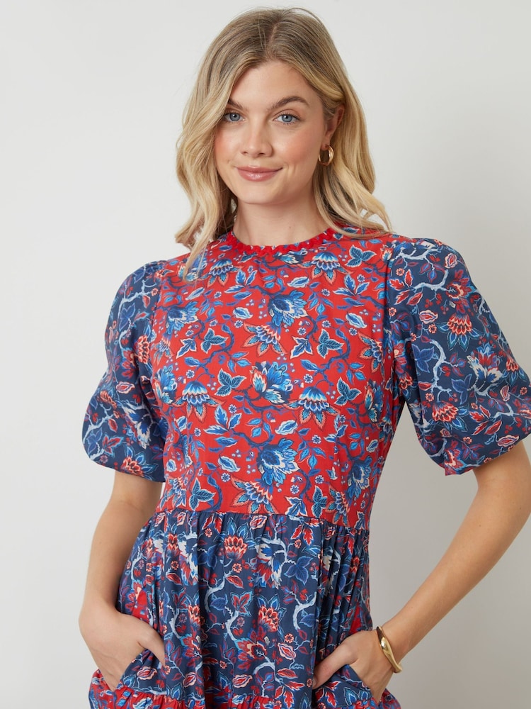 Another Sunday Red Poplin Short Puff Sleeve Tiered Smock Midi Dress - Image 2 of 5 Another Sunday Red Poplin Short Puff Sleeve Tiered Smock Midi Dress - Image 2 of 5