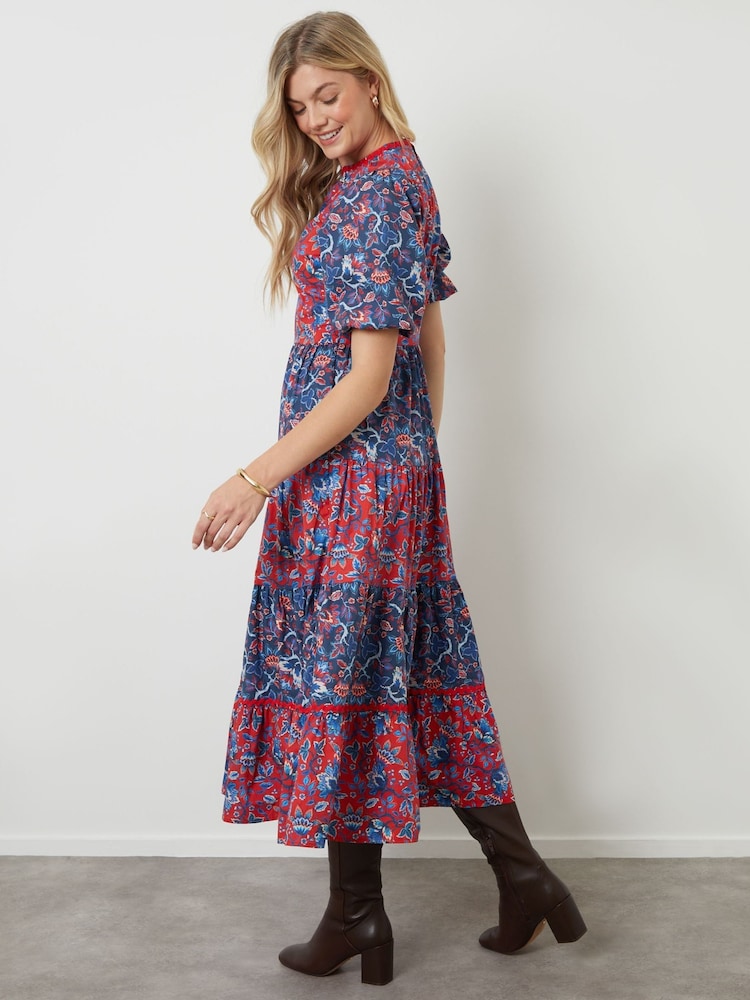 knee length dresses for ladies Threadbare Women's Red Abstract Spot Print Short Puff Sleeve Tiered Smock  Ladies' Midi Dress