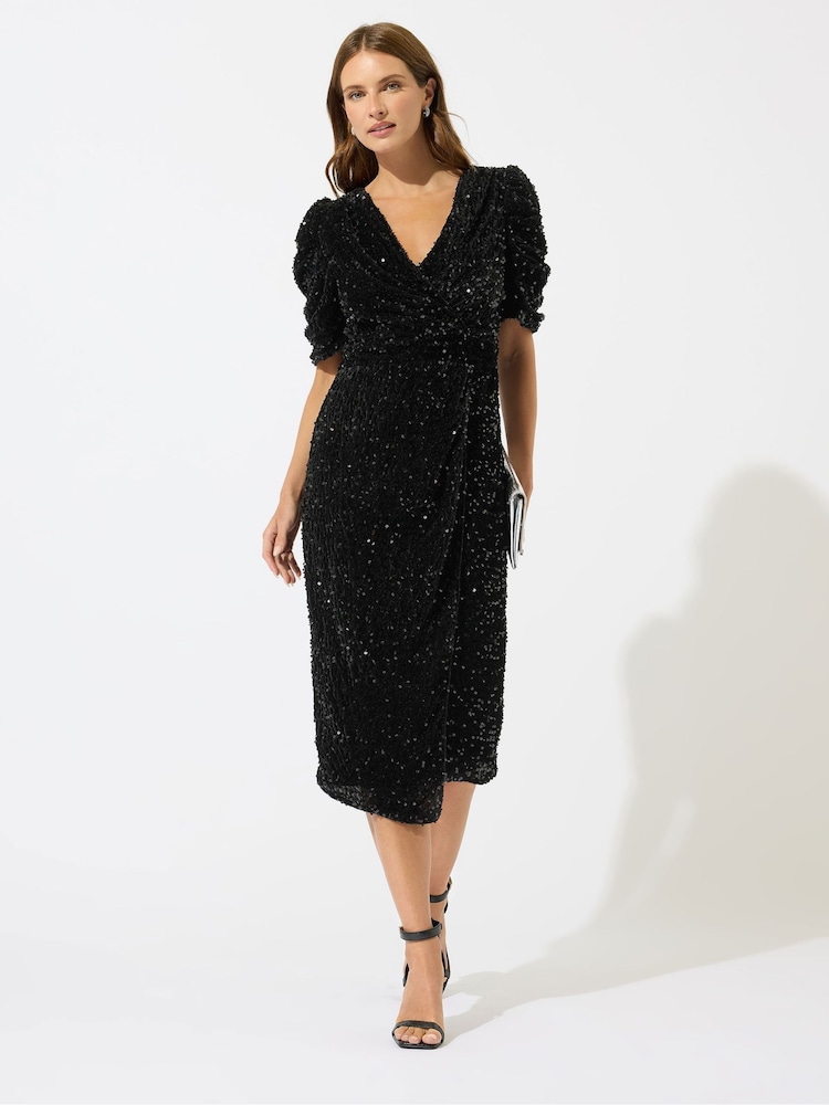 M&Co Black Sequin Velvet Wrap Dress - Image 2 of 5