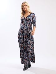 Yours Curve Blue Wrap Detail Dress - Image 1 of 5