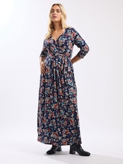 Yours Curve Blue Wrap Detail Dress - Image 2 of 5