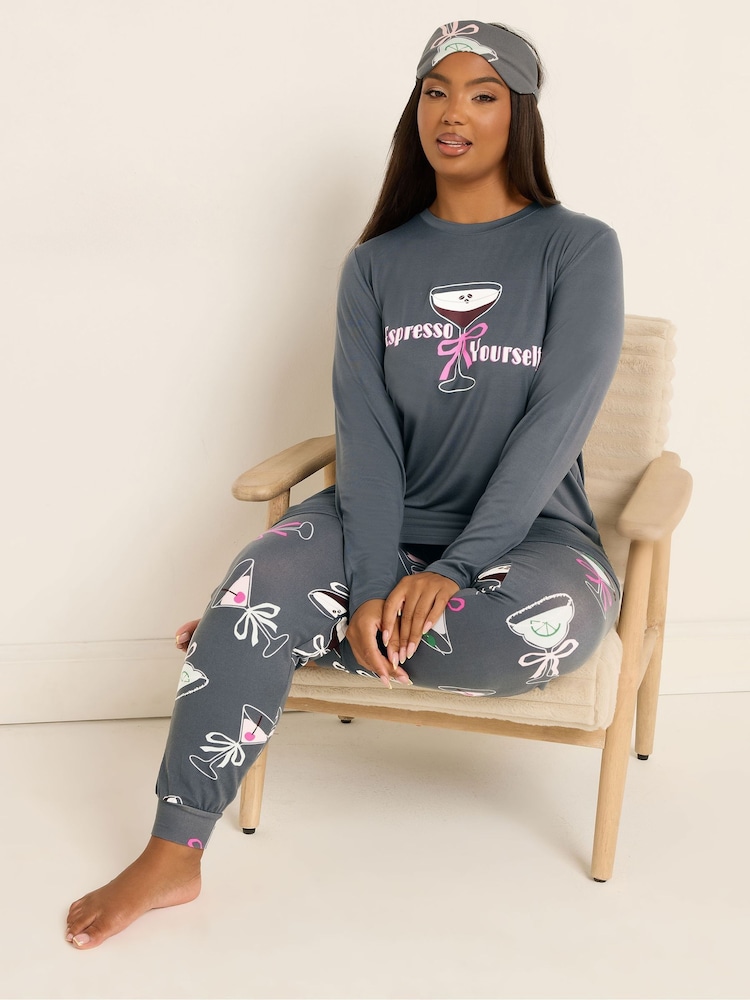Yours Curve Grey Soft Touch Cocktails Long Sleeve Pyjamas Set - Image 1 of 4