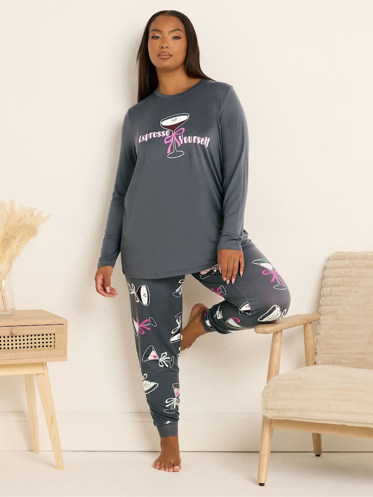 Yours Curve Grey Soft Touch Cocktails Long Sleeve Pyjamas Set - Image 2 of 4 Yours Curve Grey Soft Touch Cocktails Long Sleeve Pyjamas Set - Image 2 of 4