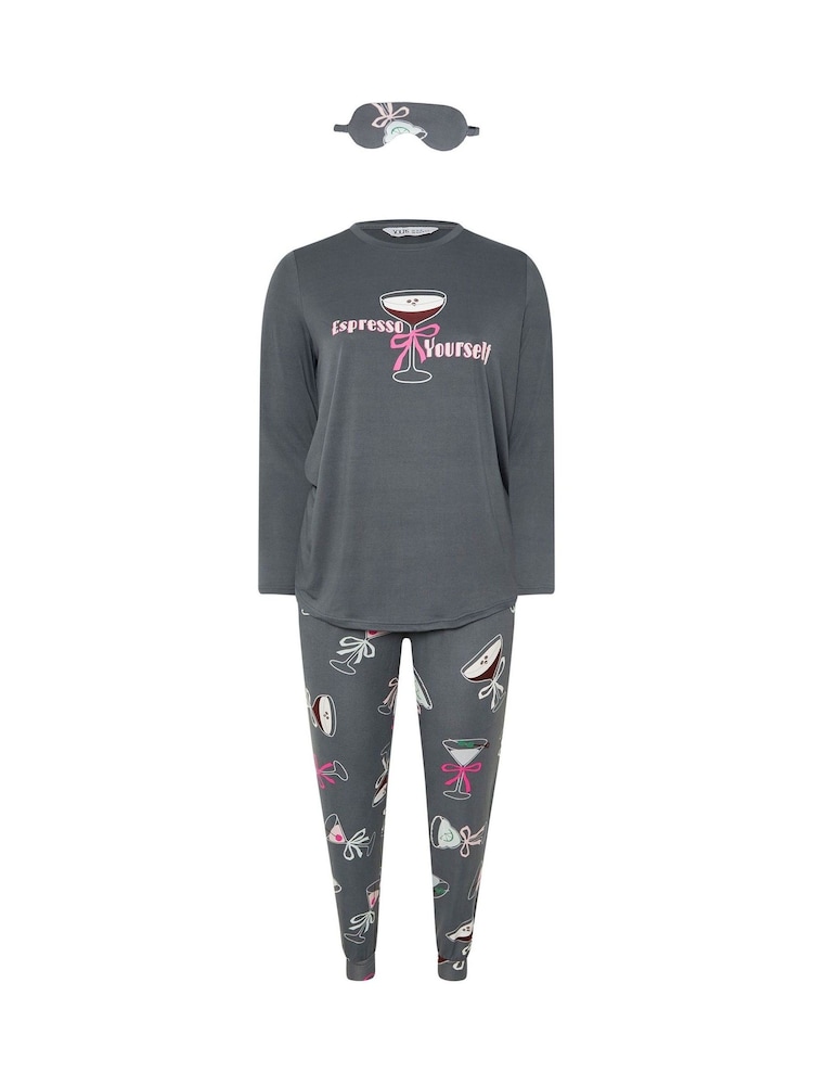 Yours Curve Grey Soft Touch Cocktails Long Sleeve Pyjamas Set - Image 4 of 4