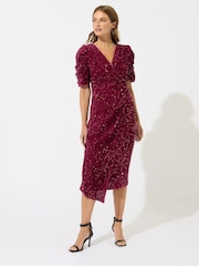 M&Co Red Sequin Velvet Wrap Dress - Image 1 of 5