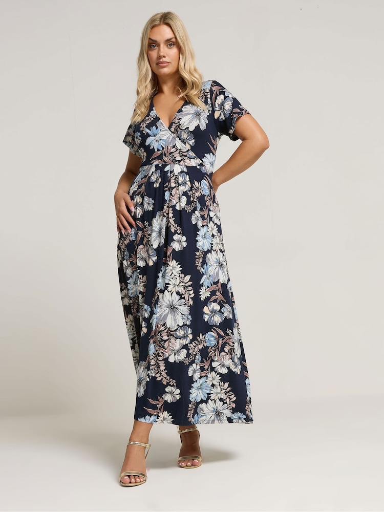 Yours Curve Blue Wrap Detail Dress - Image 1 of 5