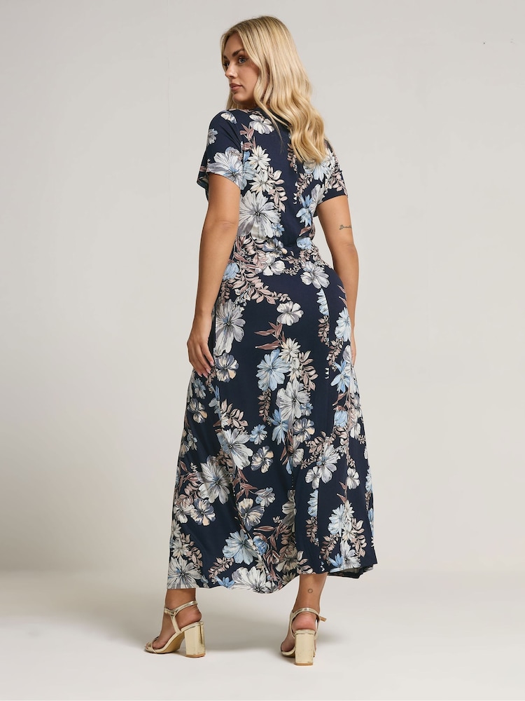 Yours Curve Blue Wrap Detail Dress - Image 2 of 5