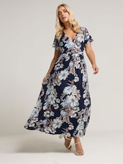Yours Curve Blue Wrap Detail Dress - Image 3 of 5