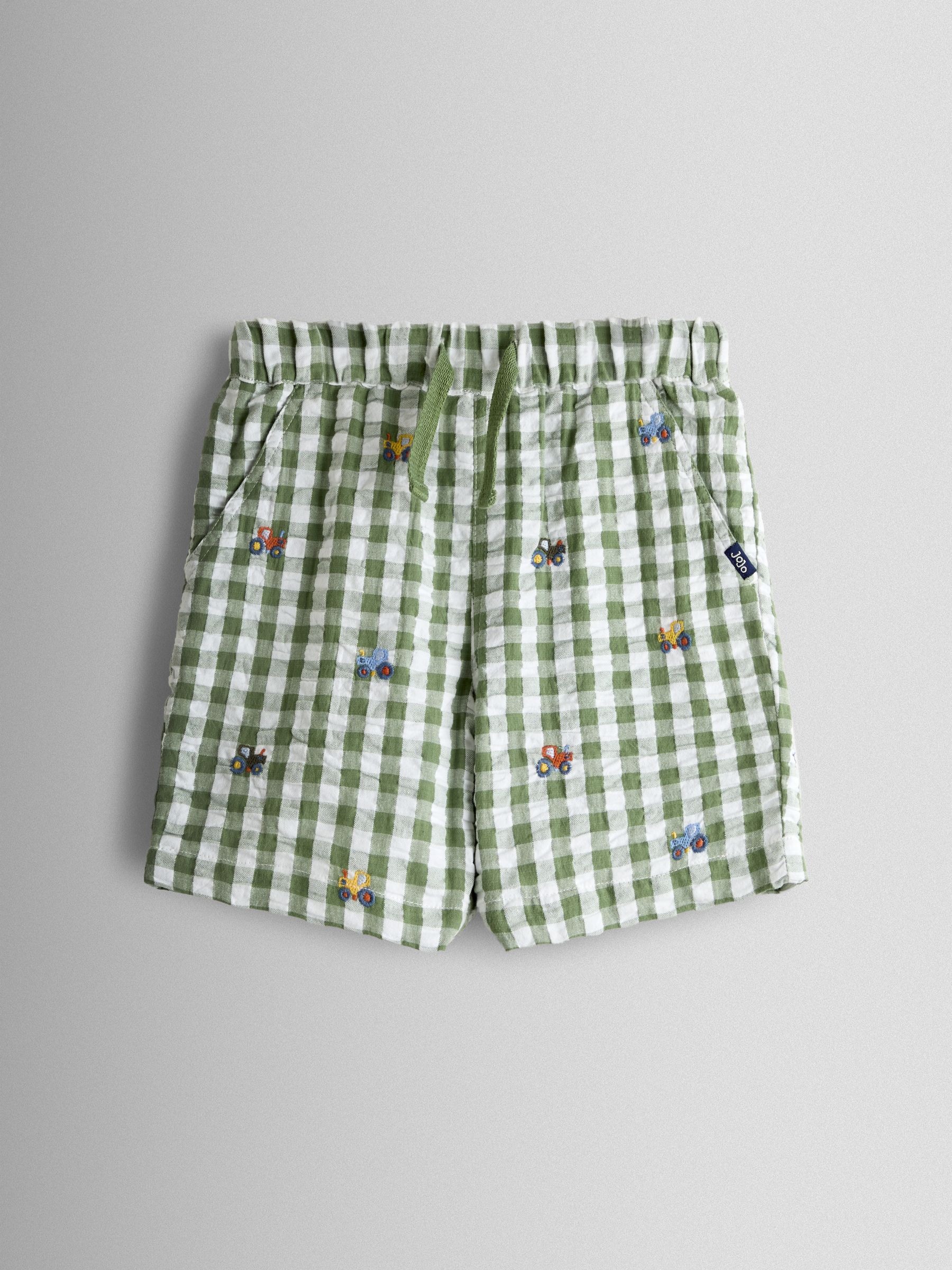 JoJo Maman Bébé Green Tractor Embroidered Seersucker Shorts