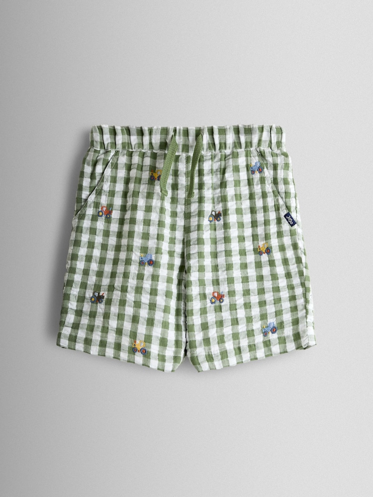 JoJo Maman Bébé Green Tractor Embroidered Gingham Shorts - Image 1 of 3