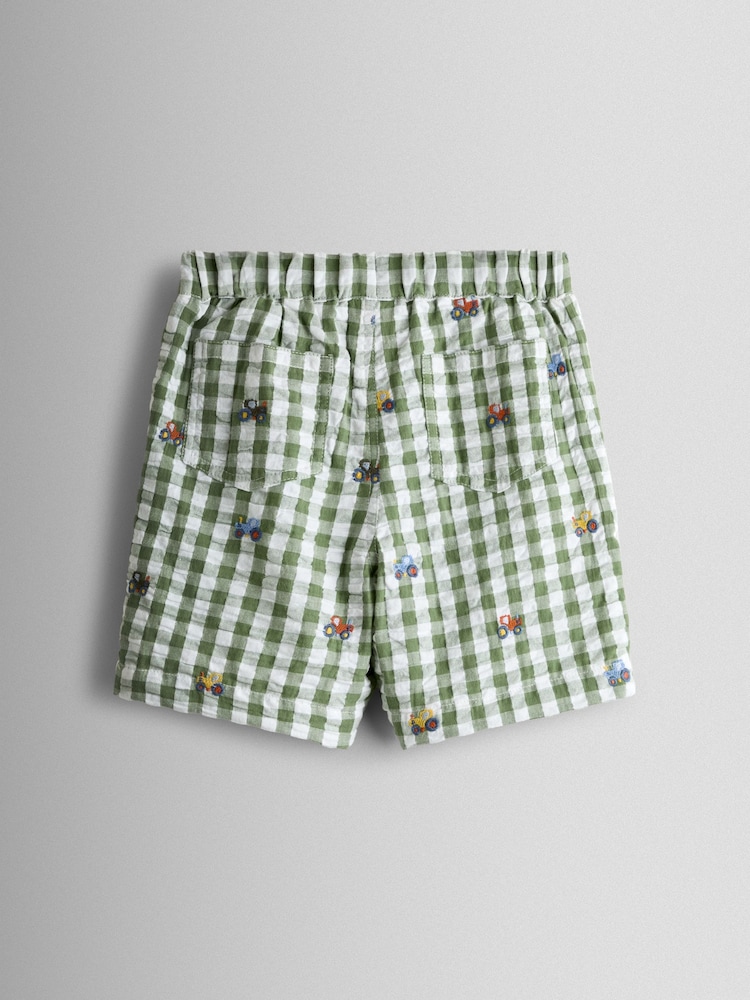 JoJo Maman Bébé Green Tractor Embroidered Gingham Shorts - Image 2 of 3