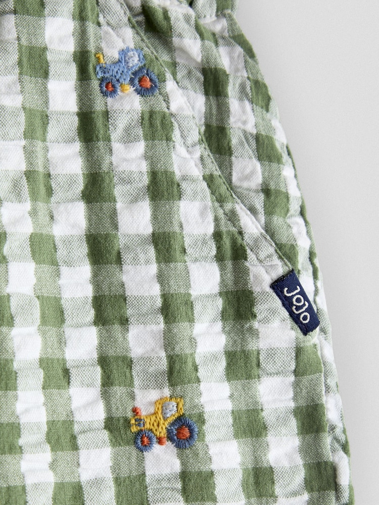 JoJo Maman Bébé Green Tractor Embroidered Gingham Shorts - Image 3 of 3