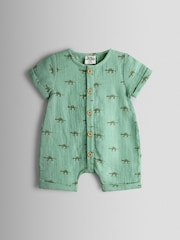 JoJo Maman Bébé Khaki Green Dino Printed Cheesecloth Romper - Image 1 of 3