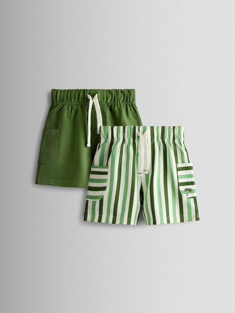 JoJo Maman Bébé Green 2-Pack Stripe & Plain Shorts - Image 1 of 7