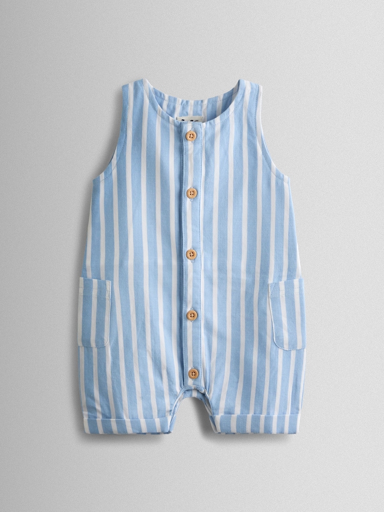 JoJo Maman Bébé Blue Button Front Stripe Romper - Image 1 of 4