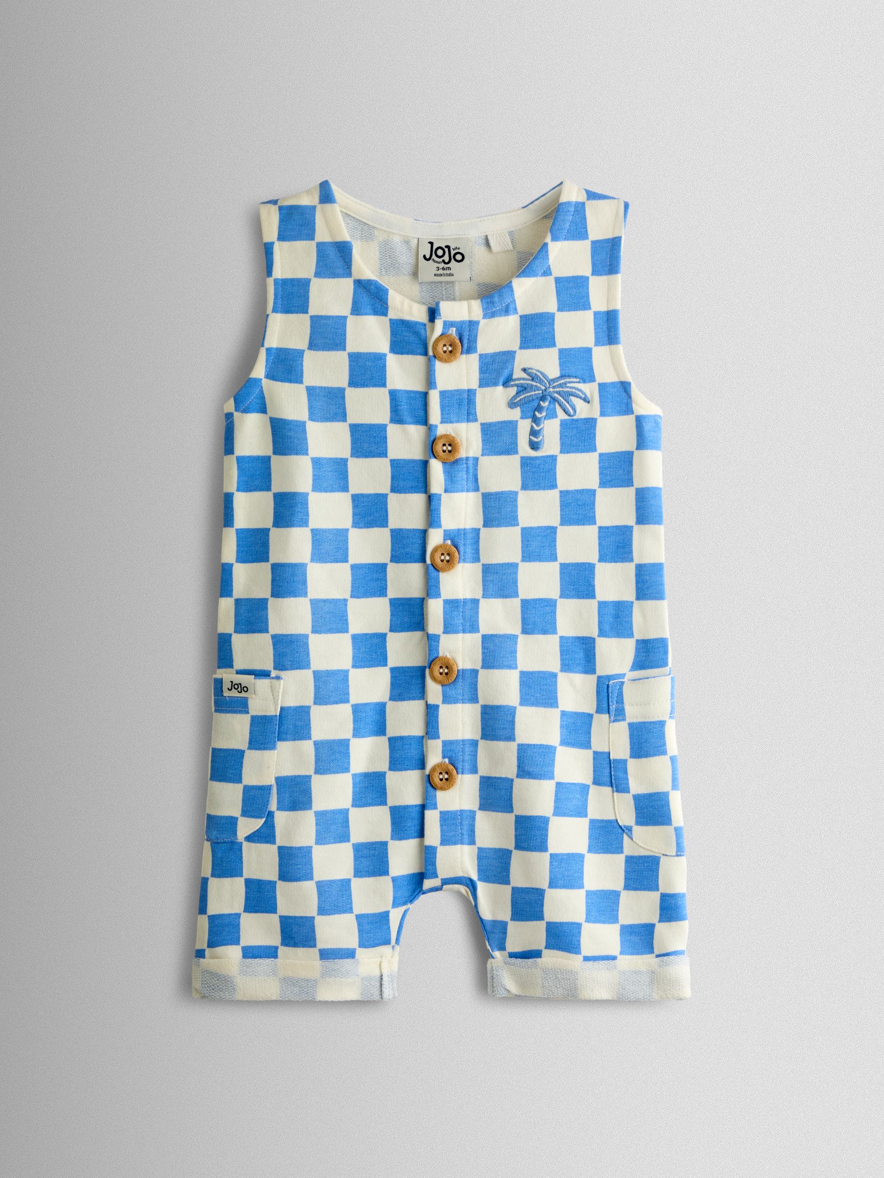 Jojo Maman Bébé Light/Blue Checkerboard Button Through Romper