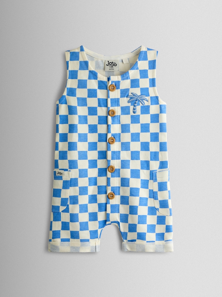 JoJo Maman Bébé Light Blue Checkerboard Button Through Romper - Image 1 of 3