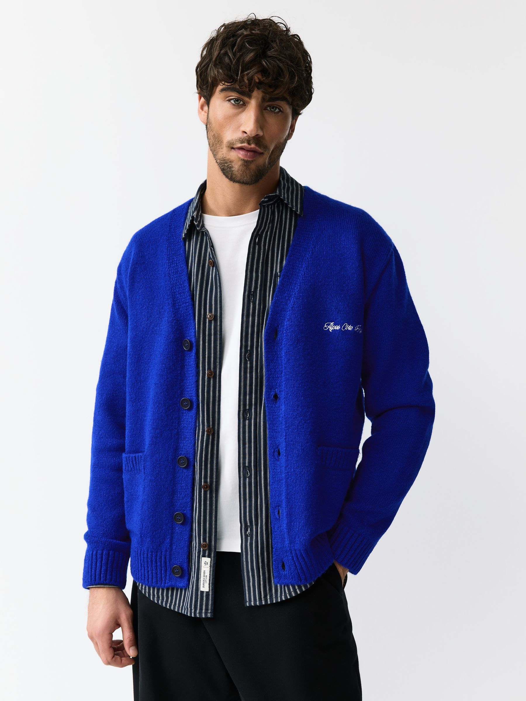 Buy Cobalt Blue Regular Fit Embroidered Chest Motif Cardigan from
