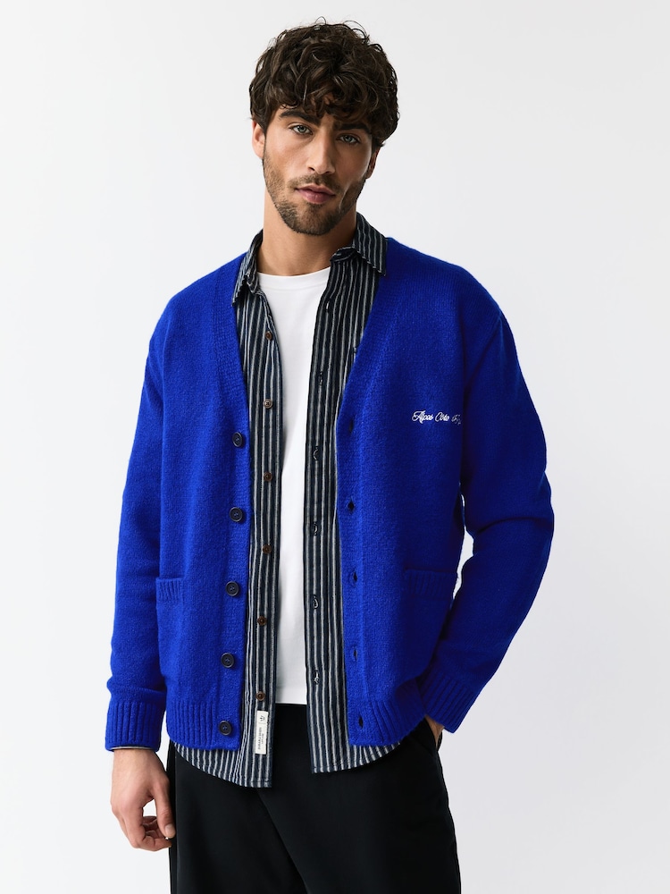Cobalt Blue Regular Fit Embroidered Chest Motif Cardigan - Image 1 of 7 Cobalt Blue Regular Fit Embroidered Chest Motif Cardigan - Image 1 of 7