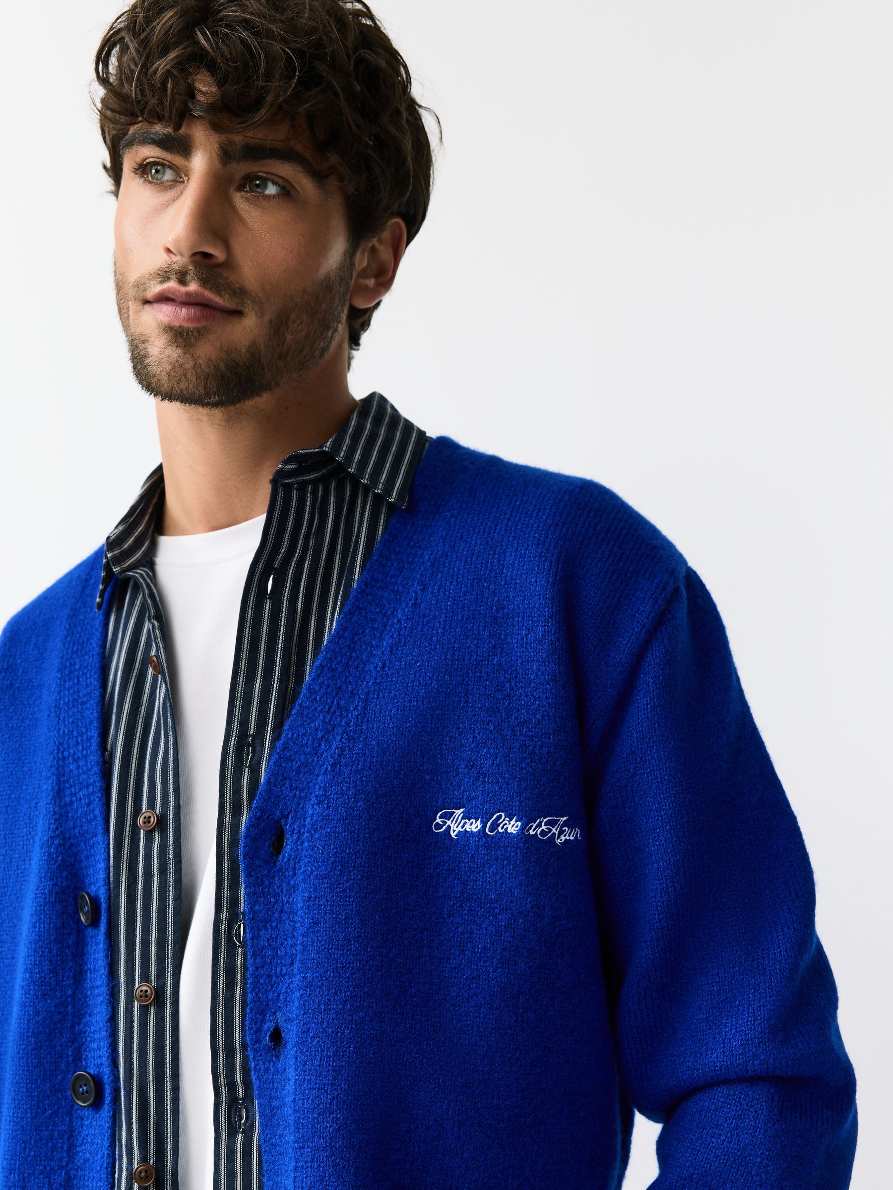 Buy Cobalt Blue Regular Fit Embroidered Chest Motif Cardigan from